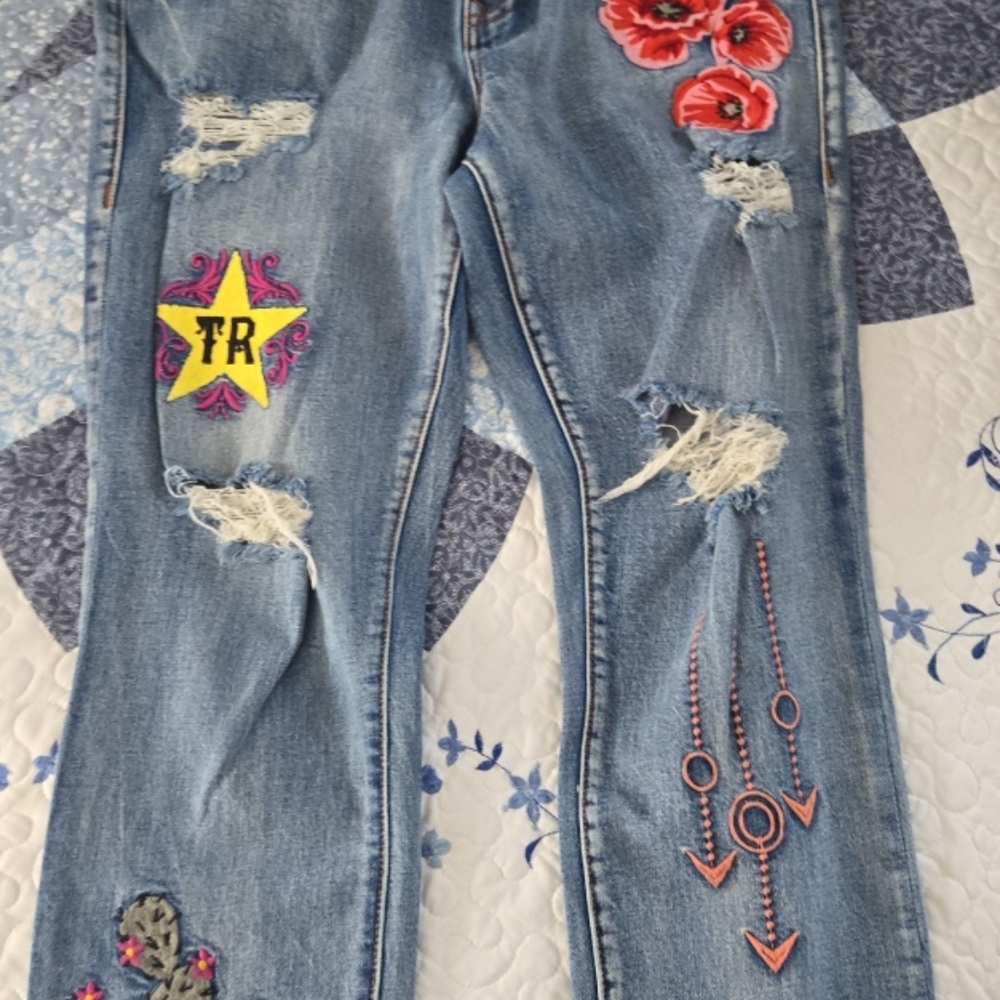 True Religion Distressed Jeans with Floral and Geometric Embroidery